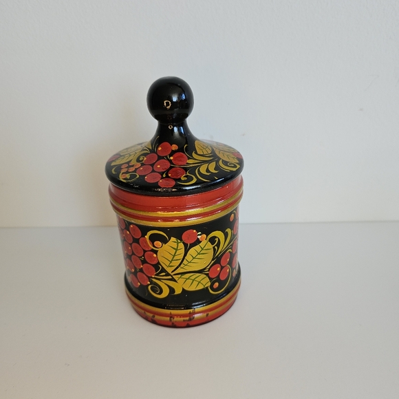 Russian Lacquered Wood Box Jar Lid Hand Painted Khokhloma Canister Folk Art - Picture 3 of 8